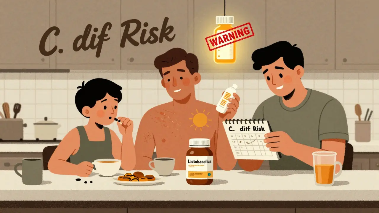 Family at breakfast with antibiotic, probiotic, and sunburned adult, illustrating common side effects