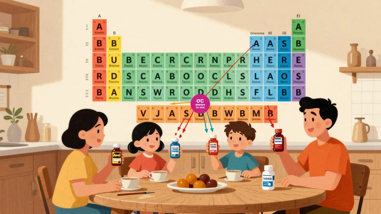 Family at table with OTC bottles and color-coded chart showing overlapping active ingredients