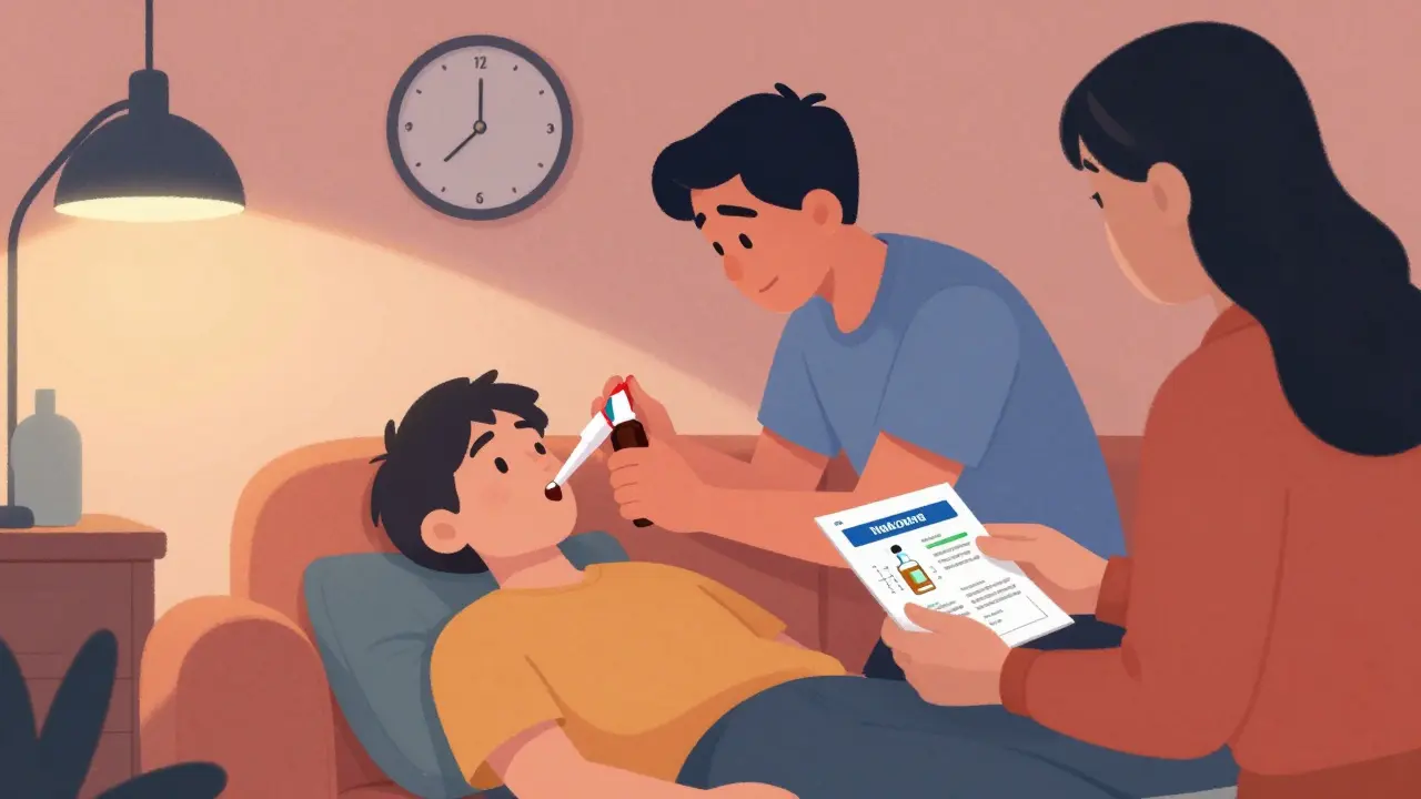 Family member giving naloxone spray to an unconscious person while holding a medication guide