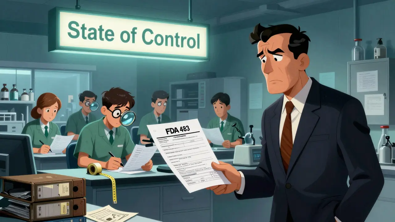 FDA 483 form handed to manager while a glowing 'State of Control' shines over an organized lab with real-time data recording.