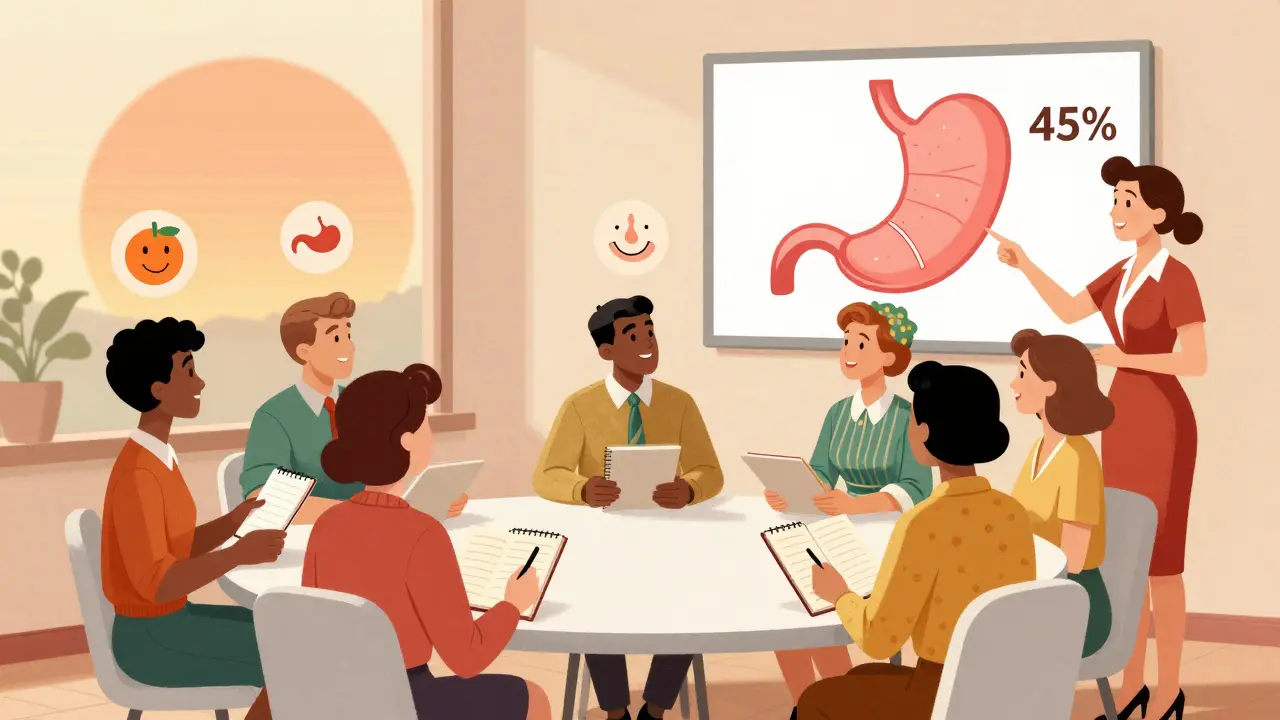 Group of people keeping food diaries with a dietitian and gastric scan display in mid-century setting.