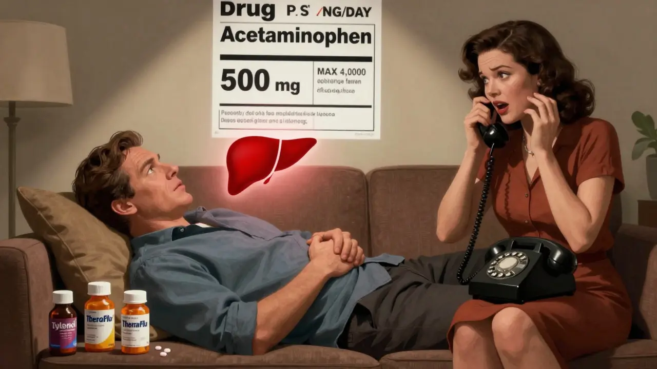 Man on couch with empty pill bottles and glowing warning liver, wife calling for help