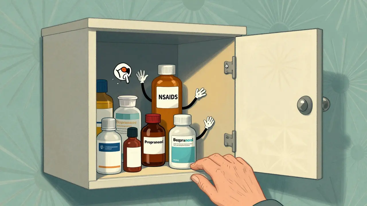 Medicine cabinet with pills tumbling, symbolizing dangerous drug interactions in older adults.