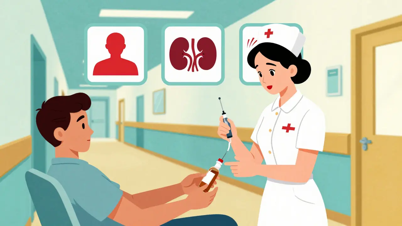 Nurse administering vancomycin in hospital with floating icons of side effects like red man syndrome and kidney damage