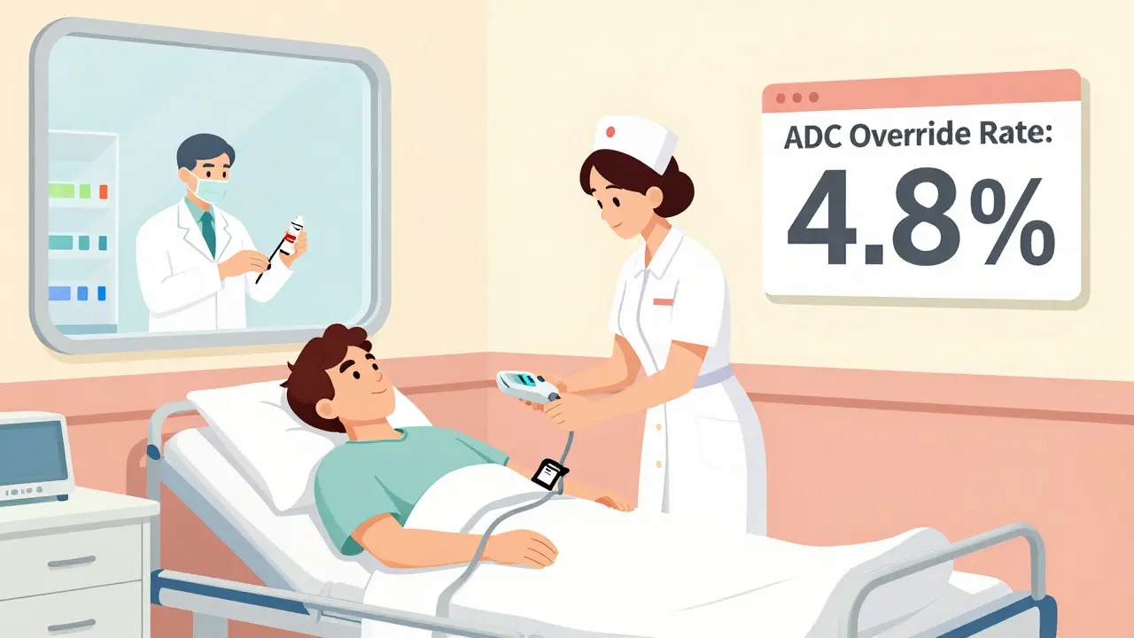 Nurse scanning a patient’s wristband while pharmacist verifies insulin dose in a clean hospital setting.