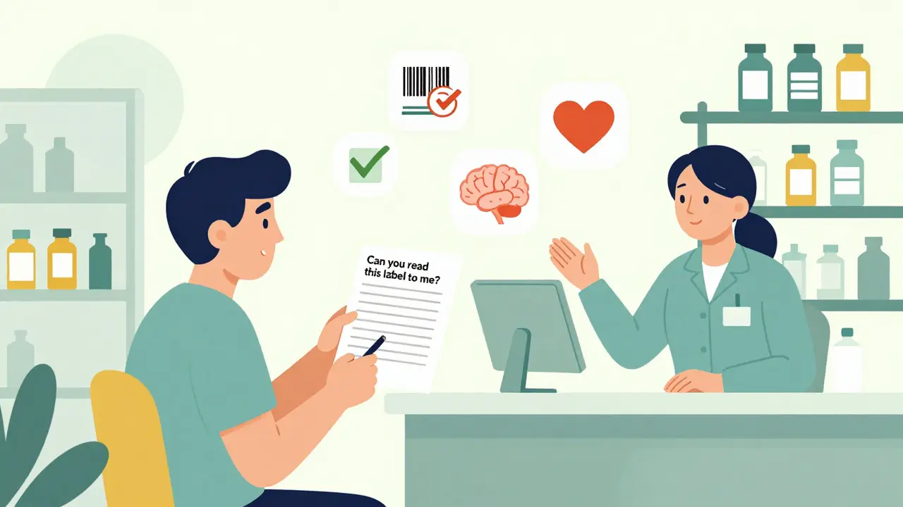 Patient and pharmacist discussing medication labels with safety icons floating around them.