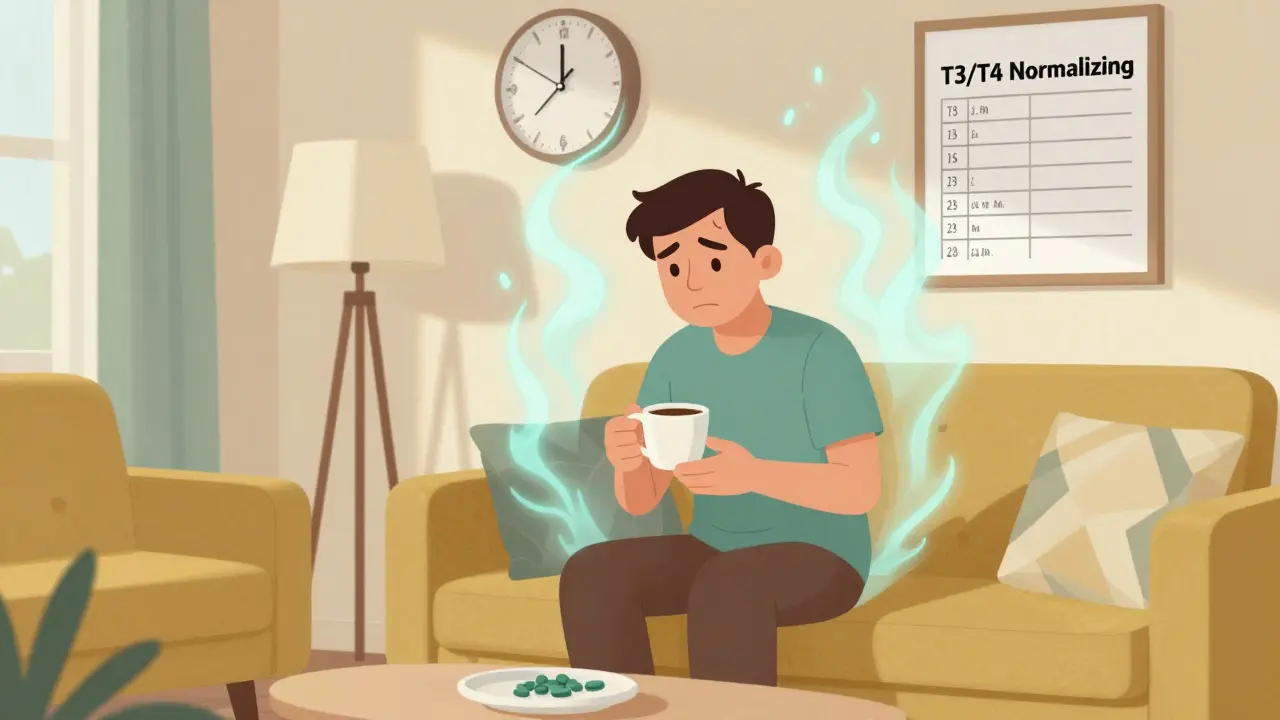 Patient calmly holding a coffee cup as tremors fade, in a 1960s interior with soft lighting and geometric decor.