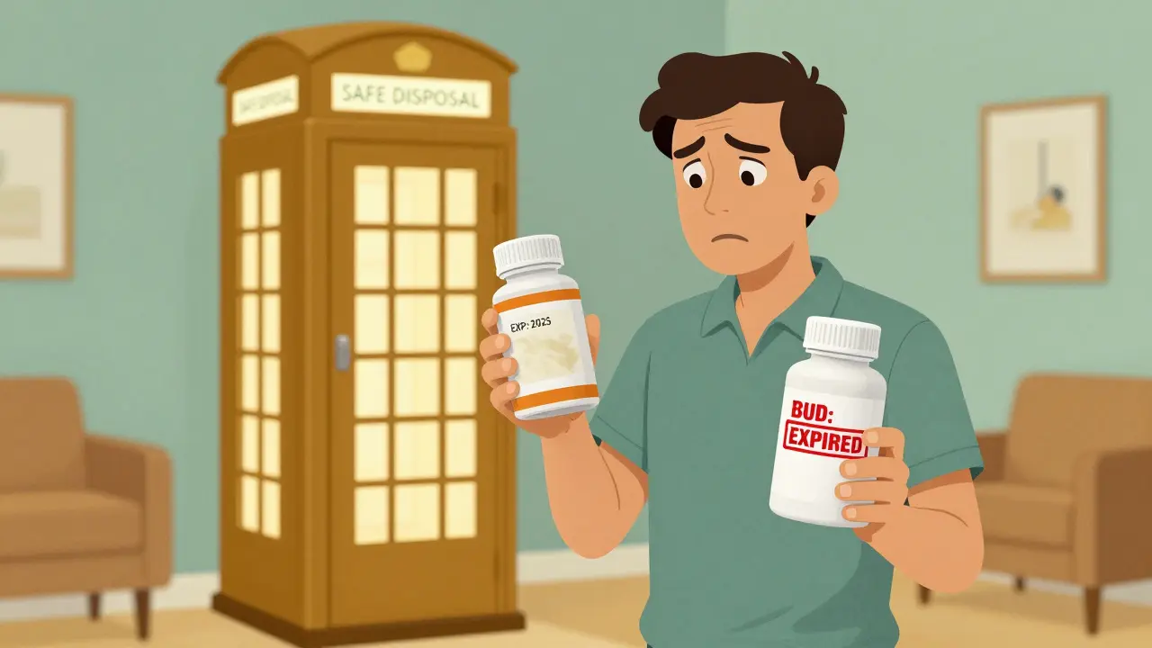 Patient holding two medication containers before a pharmacy take-back bin with expired BUD stamp.