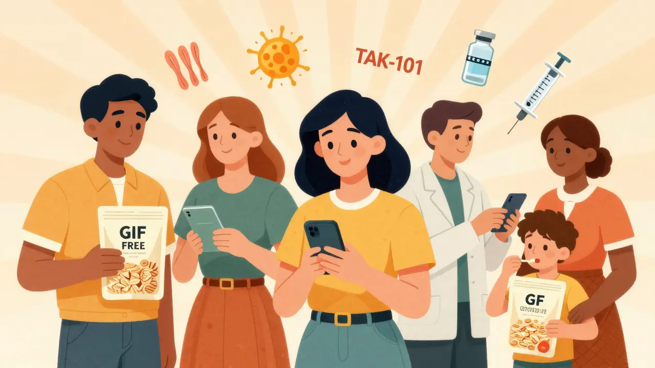 People managing celiac disease with apps, pharmacists, and certified gluten-free foods in mid-century cartoon style.