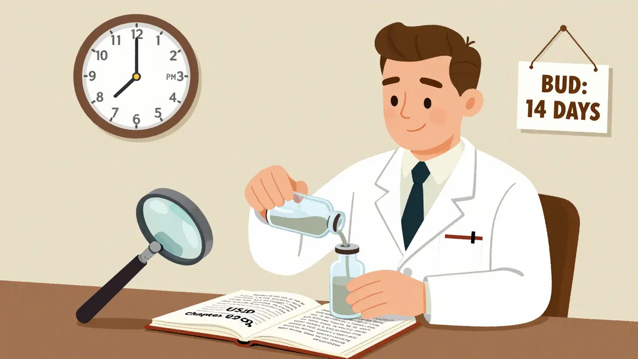 Pharmacist compounding liquid medication in a retro lab, with USP guidelines and BUD label visible.