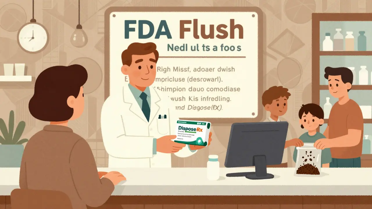 Pharmacist giving disposal kit to customer with FDA flush list on wall