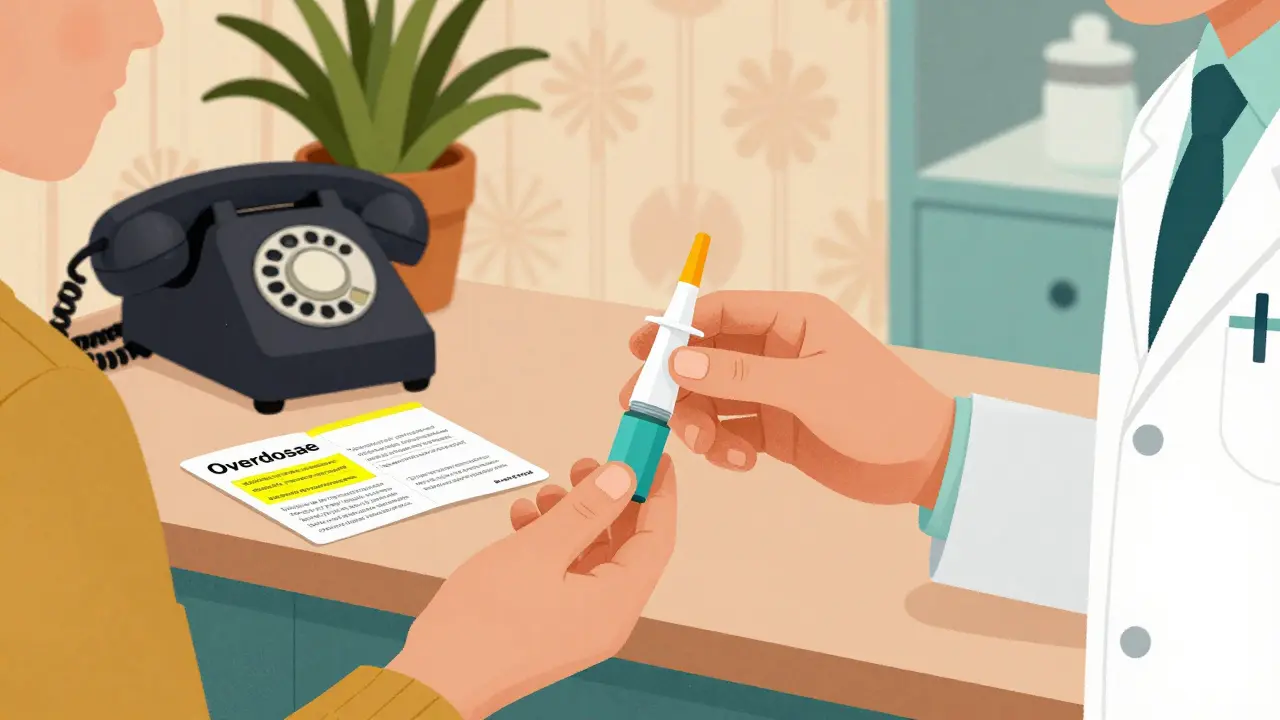 Pharmacist handing naloxone spray to a patient with a medication guide open on the counter