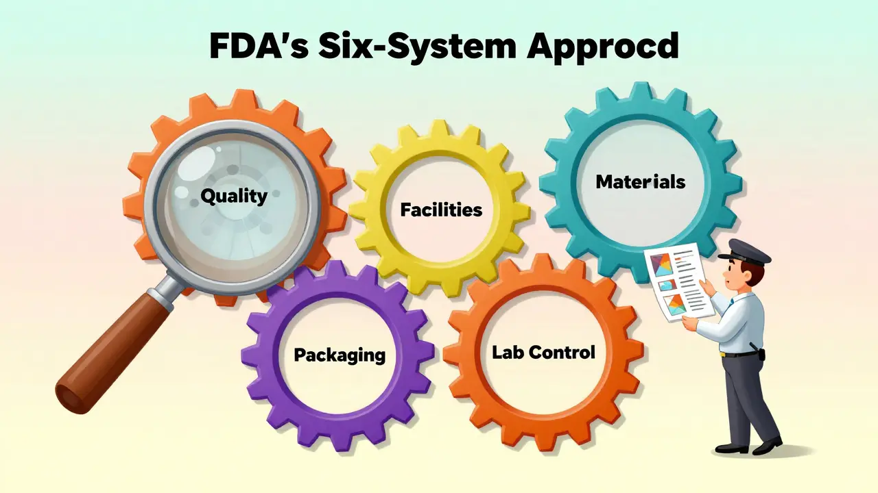 Six interconnected gears representing FDA inspection systems, with a magnifying glass checking quality controls in pastel tones.