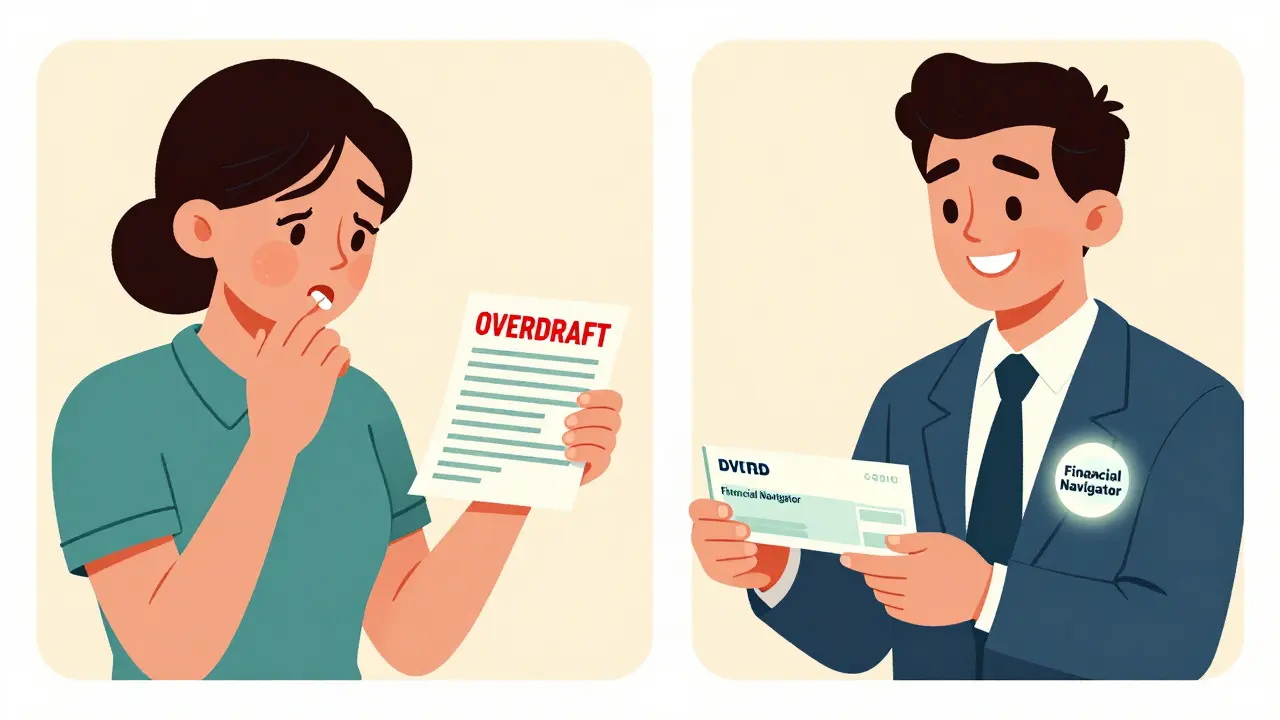 Split scene: patient hesitating to take medicine vs. receiving financial aid, showing contrast between stress and support.