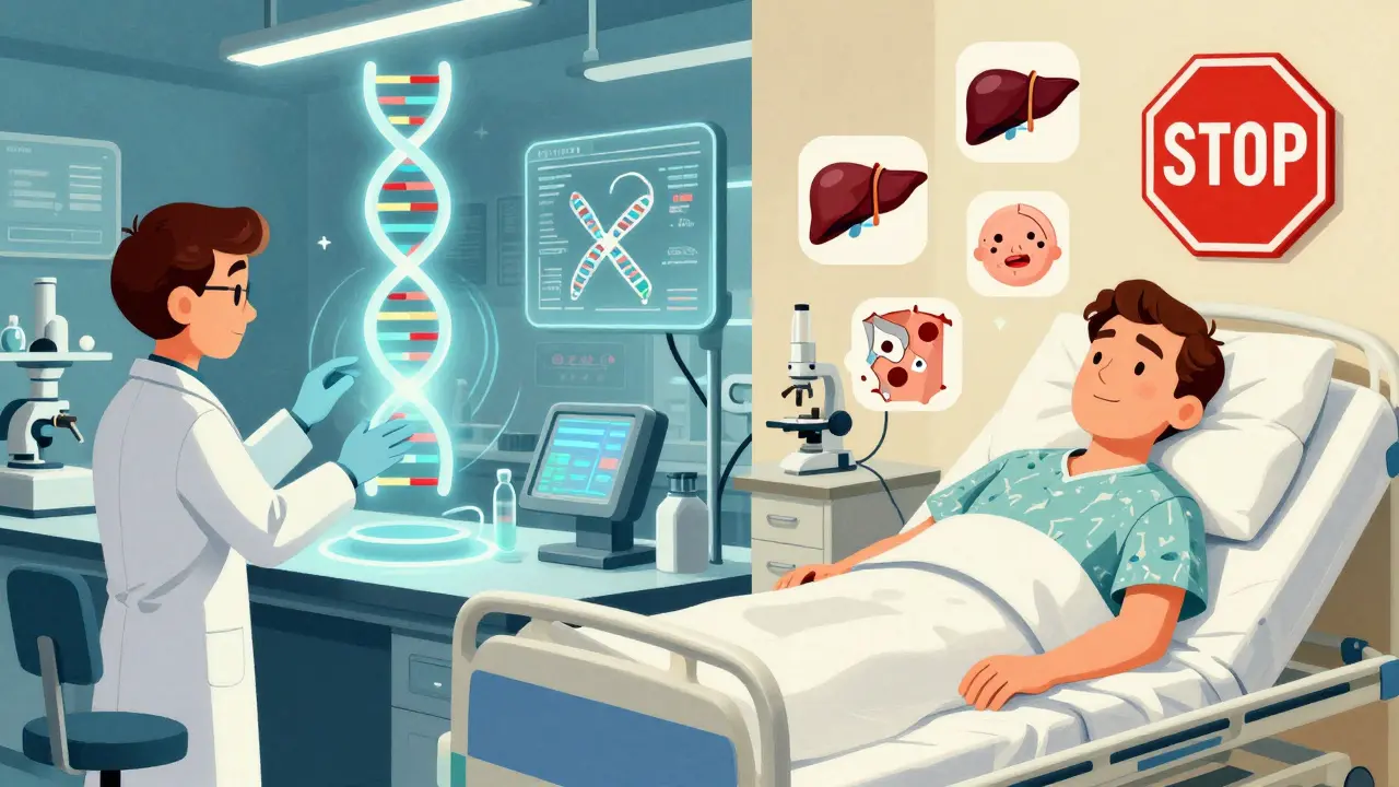 Split scene: scientists mapping drug reactions on one side, patient in hospital on the other, in retro illustration style.
