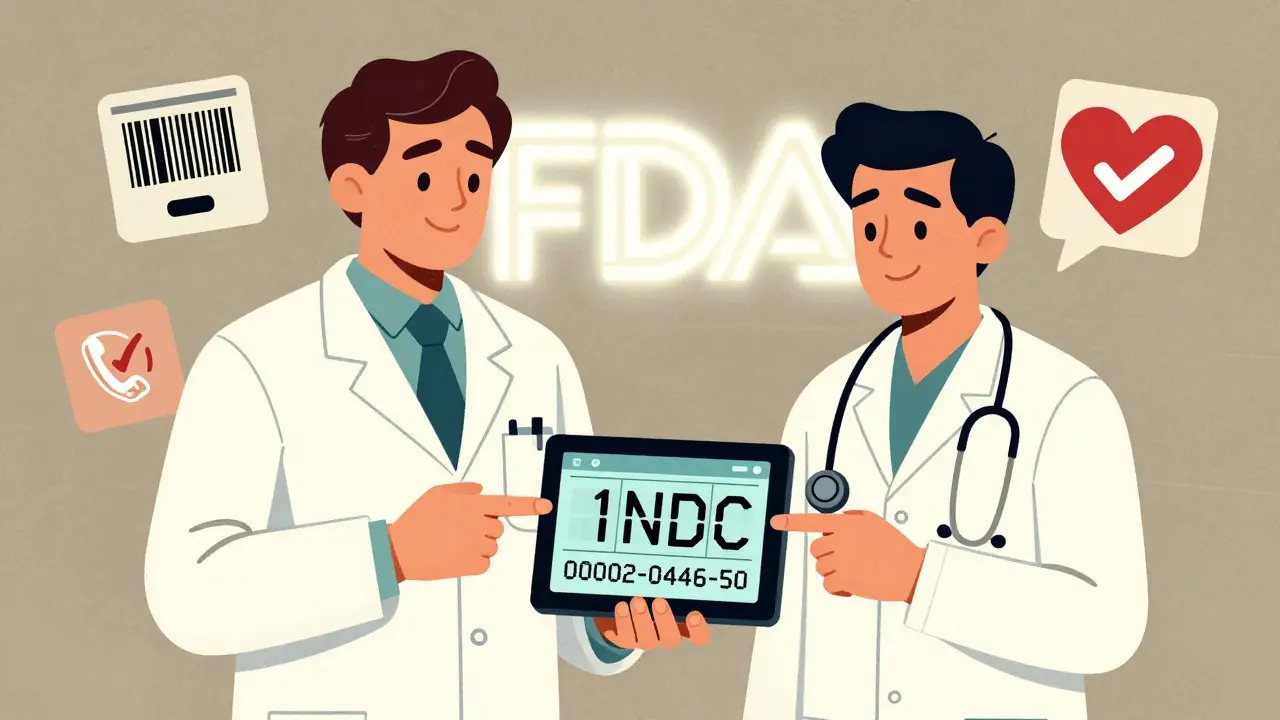 Two healthcare workers verifying an 11-digit NDC on a tablet with FDA logo and safety icons in the background.