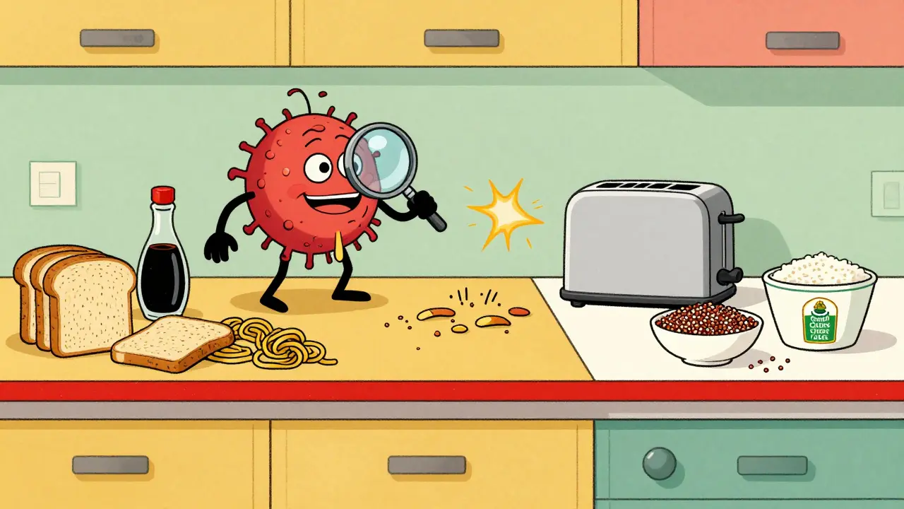 Two kitchen counters: one with gluten foods, one gluten-free, separated by a red line in retro illustration style.