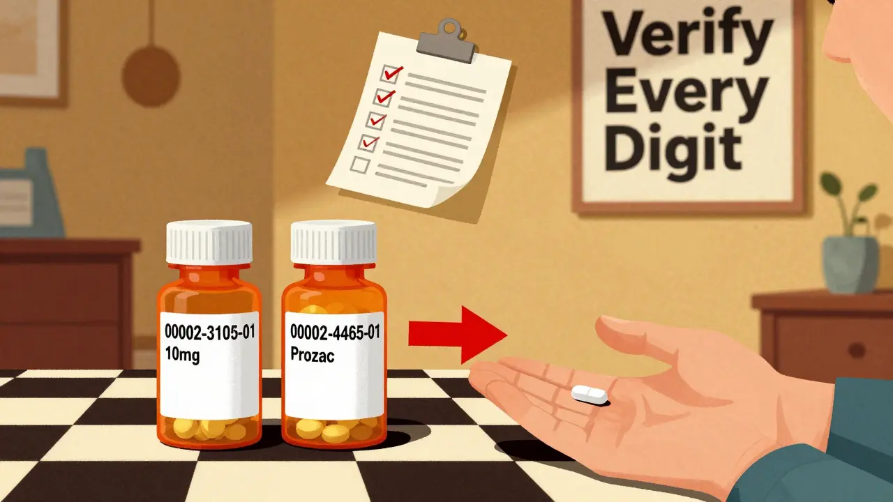 Two medication bottles side by side with different NDC product codes, one marked as incorrect, beside a safety checklist.
