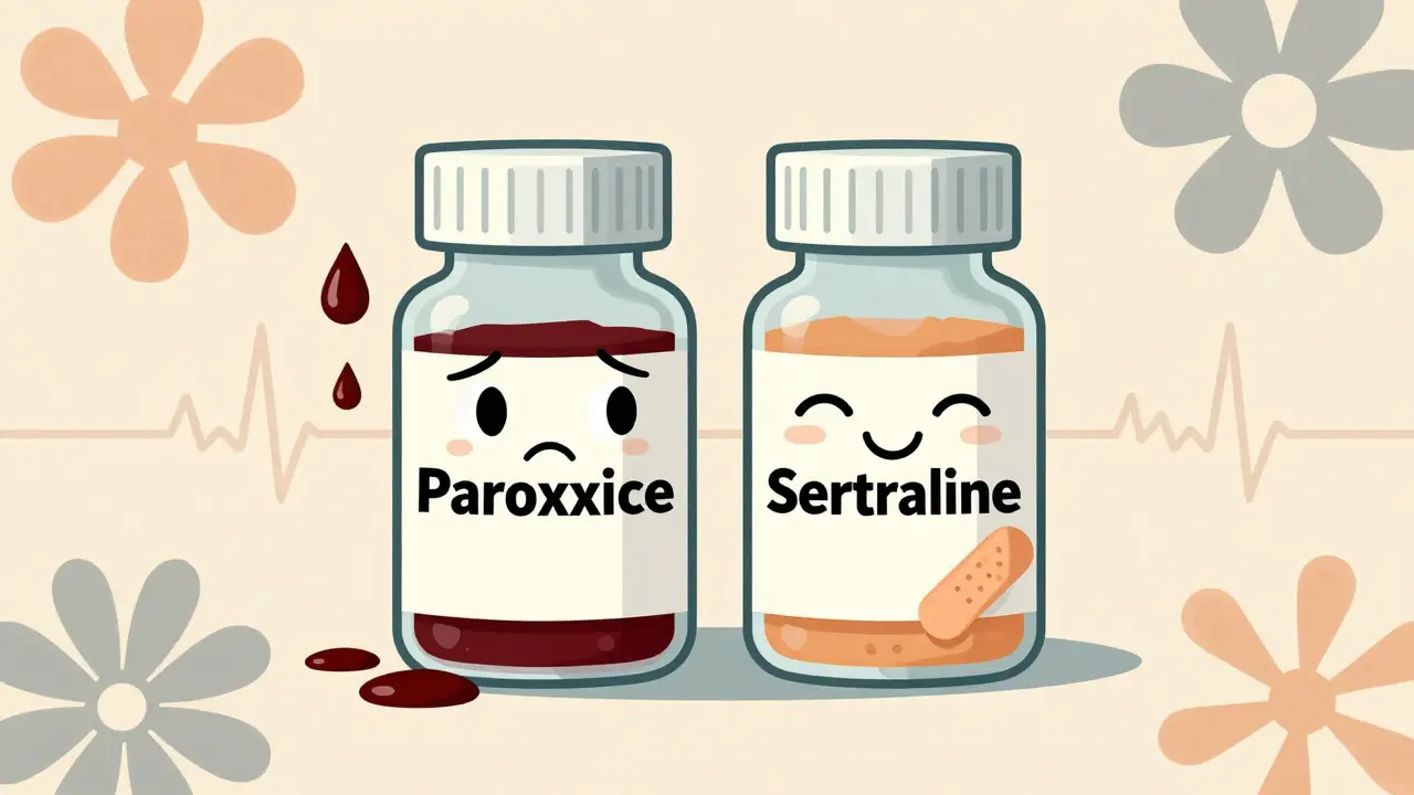 Two pill bottles with faces, one spilling blood, the other holding a bandage