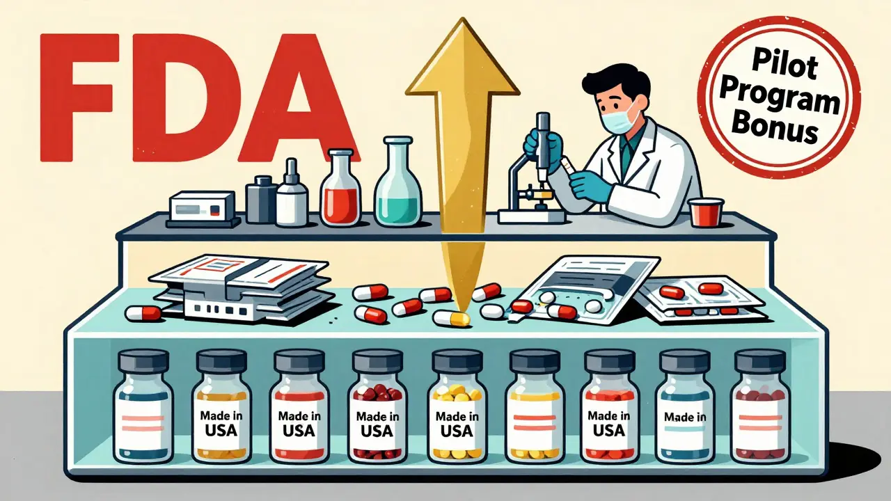 U.S.-made generic drug production with API, manufacturing, and testing all labeled within a single factory.