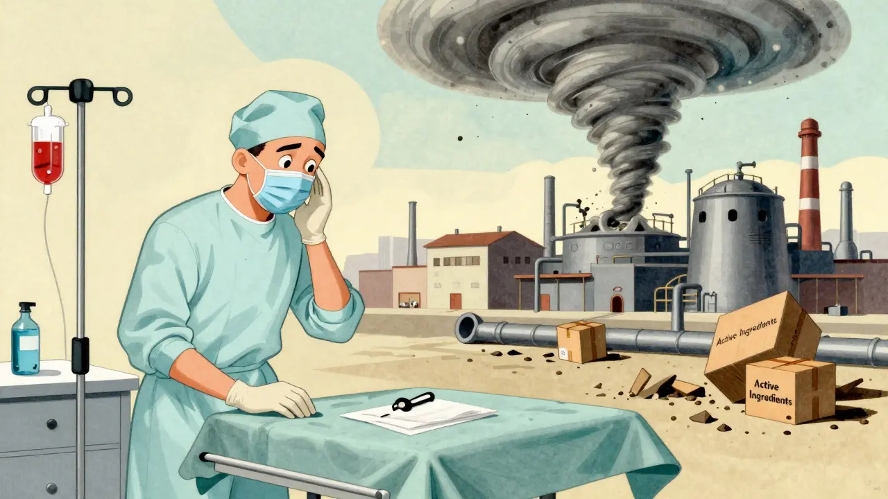 A factory abroad is destroyed by a tornado while a surgeon hesitates at an operating table with no IV fluid available.