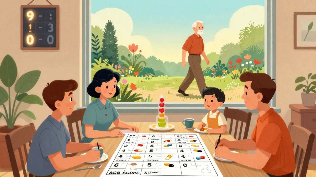 A family reviews medications together as a scoreboard shows cognitive improvement after stopping harmful drugs.