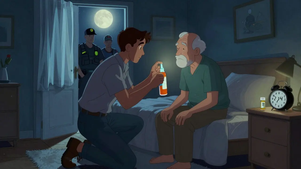 A man administering naloxone to his elderly father at night, with paramedics approaching through the doorway.