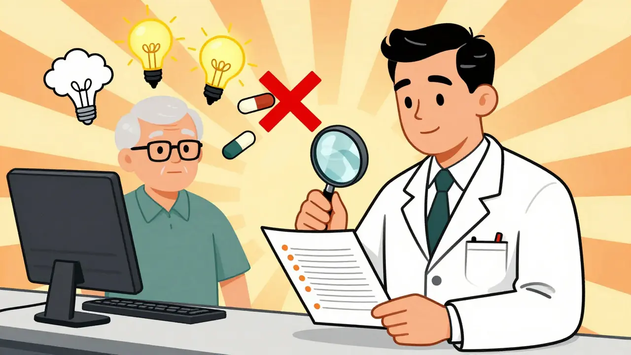 A pharmacist uses a magnifying glass to remove dangerous pills from a senior's medication list.