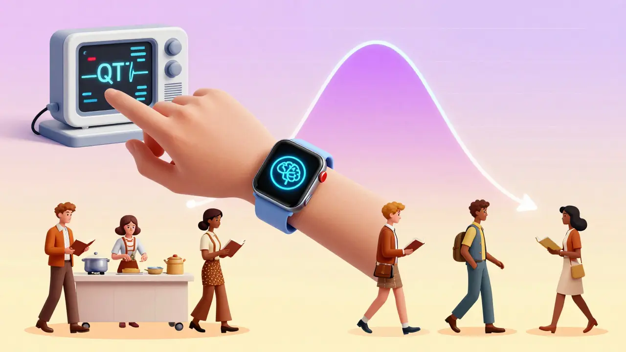 A smartwatch sending an AI alert to a hospital monitor, with people going about daily life protected by wearable ECGs.