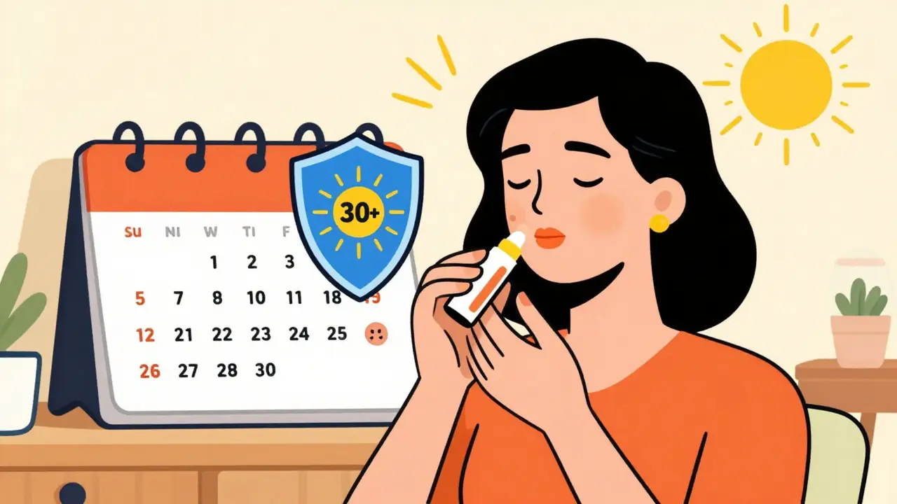 A woman applying SPF 30+ lip balm daily under sunlight, with UV rays blocked and seasonal calendar showing fewer outbreaks.