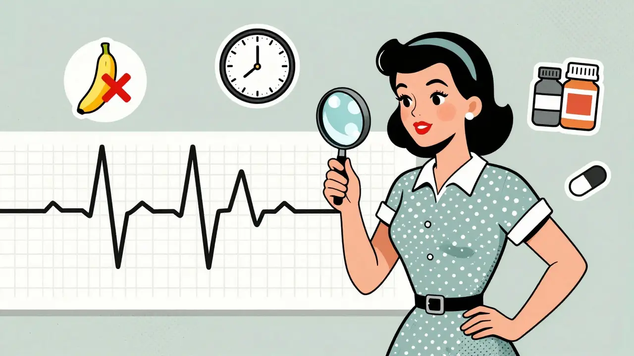 A woman examining an ECG with magnifying glass, surrounded by icons of risk factors like low potassium and aging in retro cartoon style.