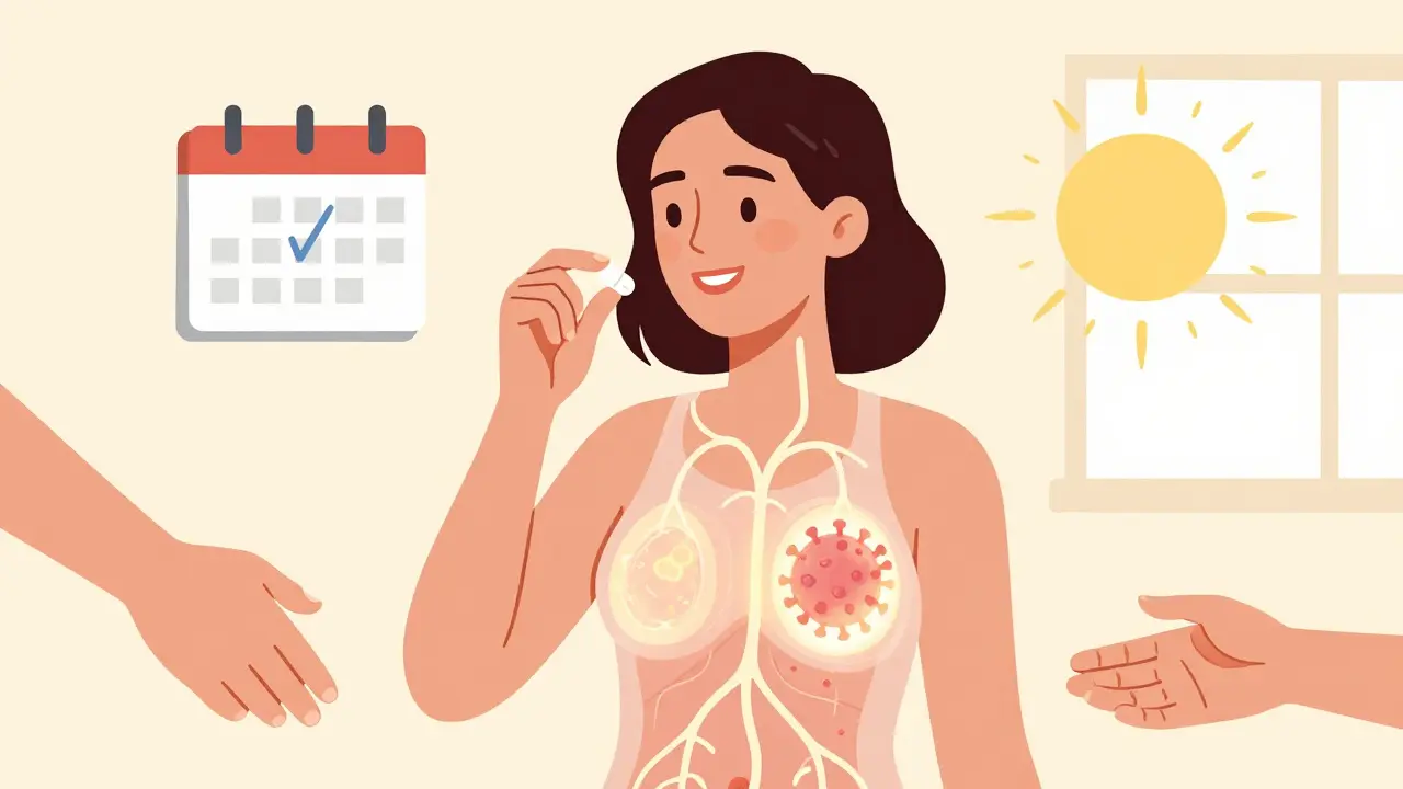 A woman taking a daily antiviral pill, with glowing nerve pathways and symbols of improved relationships and reduced outbreaks around her.