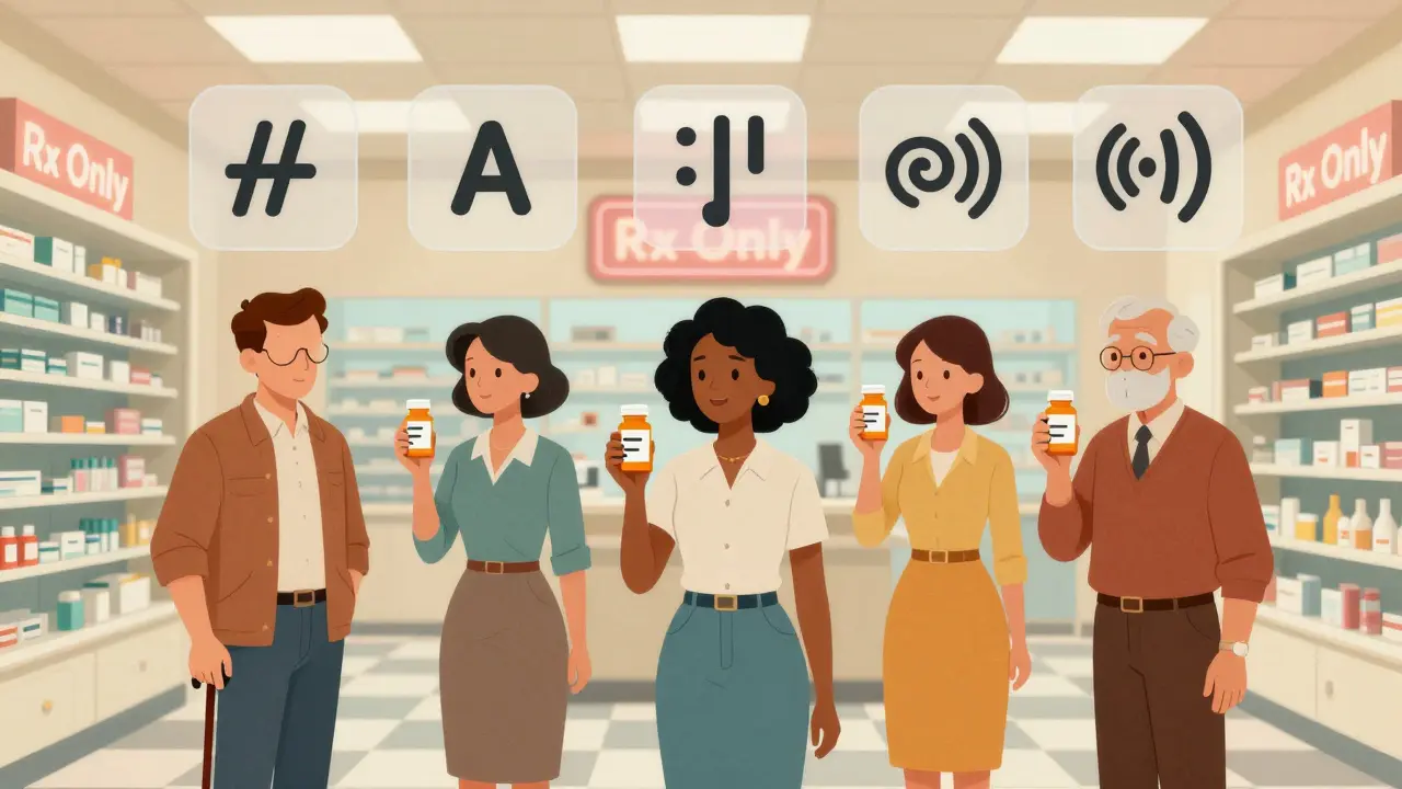 Diverse individuals holding pill bottles with inaccessible labels, transparent accessibility icons fading above them.