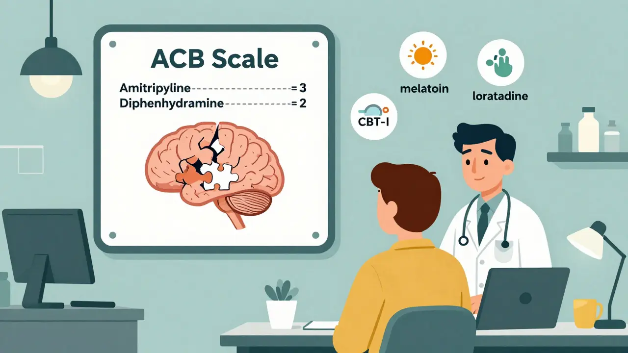 Doctor's office with ACB scale chart and safe medication alternatives illustrated above a patient's fragmented brain.