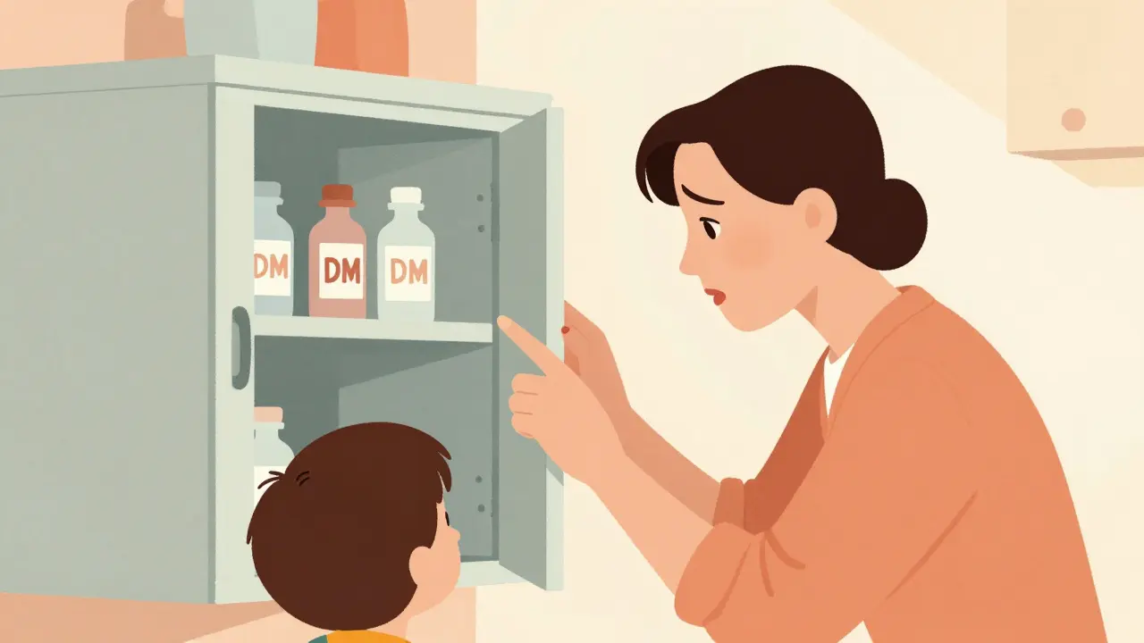 Parent checking locked medicine cabinet with child