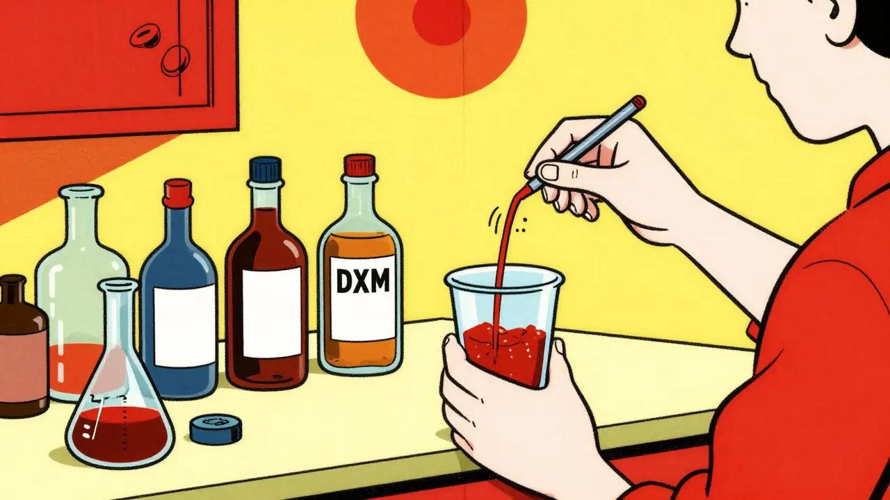 Person extracting DXM from cough syrup using glassware
