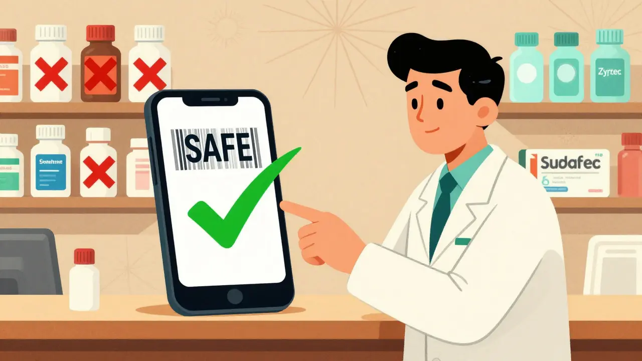 Pharmacist showing safe OTC medication scan result on smartphone