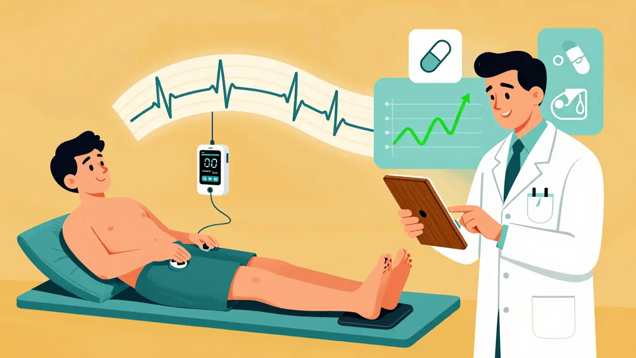 Someone using a KardiaMobile 6L device with a floating 6-lead ECG trace while a doctor reviews data on a wooden tablet.