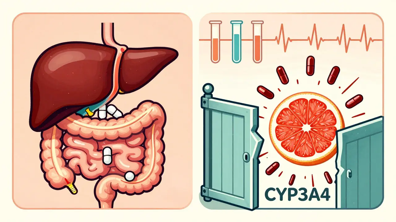 Split illustration showing healthy vs. blocked enzyme pathways for statin metabolism, vintage medical style.