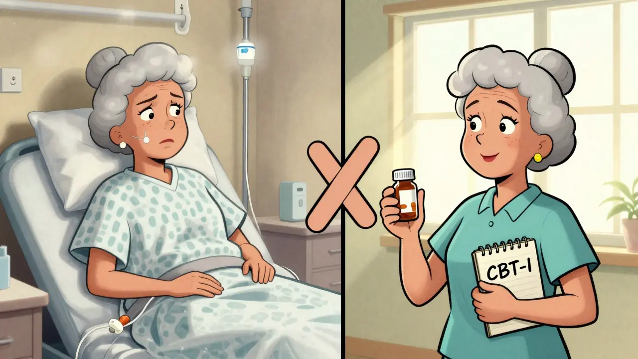 Split scene: confused woman in hospital vs. same woman thriving with melatonin and CBT-I, symbolizing recovery.