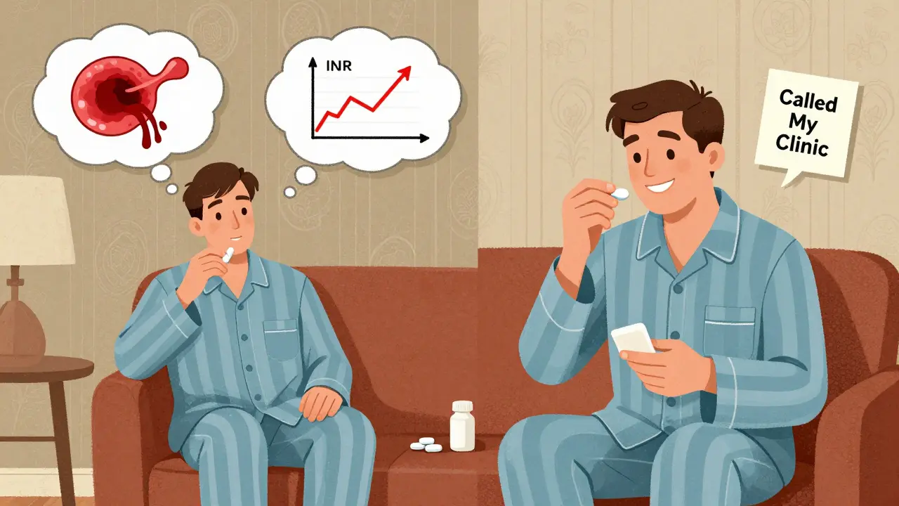 Split scene: dangerous vs safe cold medicine use for warfarin patient