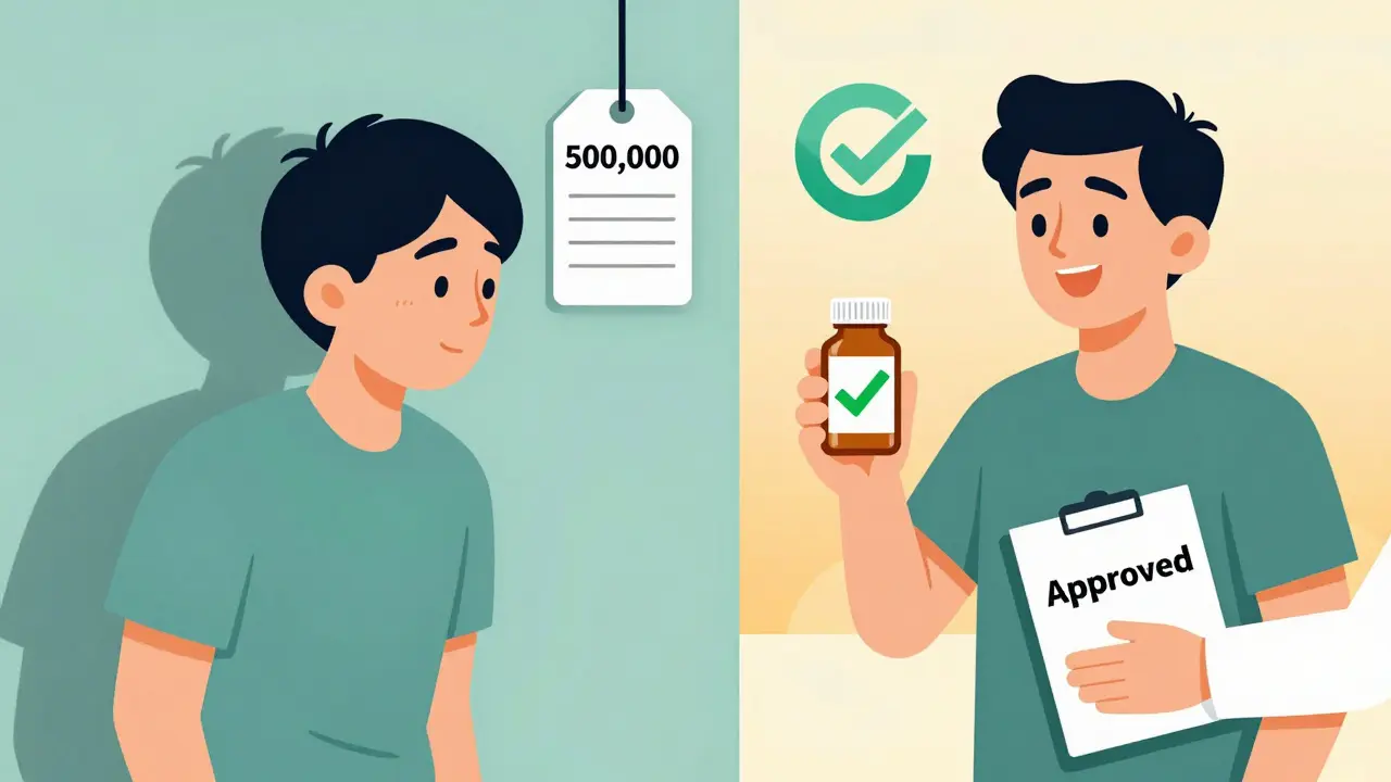 Split scene: left shows despair over a 0,000 drug cost, right shows hope with approval and medical support.