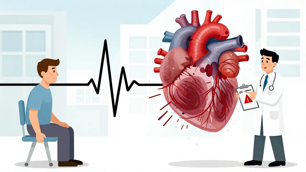 Split scene: one side calm heart rhythm, other side chaotic torsades arrhythmia with warning signs in mid-century modern illustration.