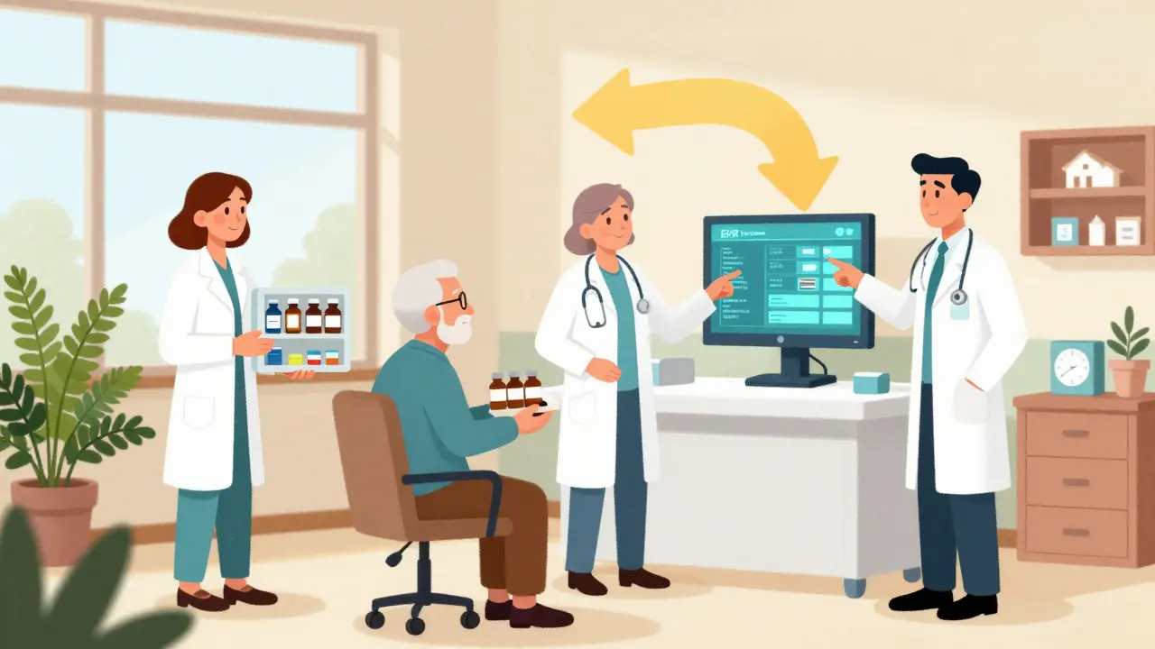 A hospital team interviews an elderly patient, using a glowing screen to track medications in a bright, retro-inspired room.