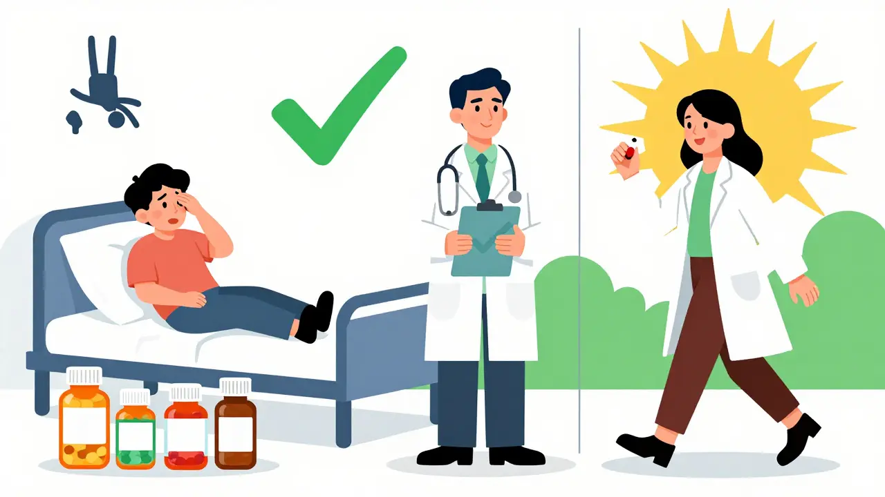 A patient before and after pharmacist intervention: from overwhelmed by pills to walking confidently with just one.