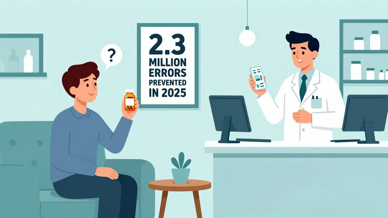 A patient holds a pill bottle while a pharmacist reviews AI drug interaction alerts, symbolizing improved medication safety in 2025.