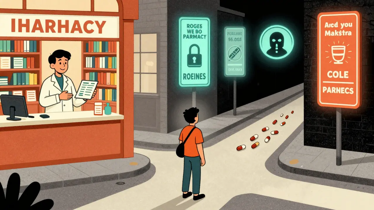 A person choosing between a safe pharmacy delivery path and a dangerous rogue site alley filled with warning symbols and counterfeit pills.