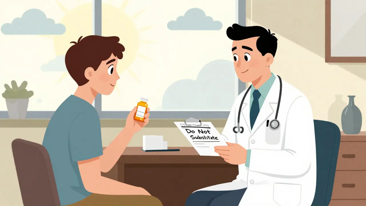 A psychiatrist and patient discuss a prescription with 'Do Not Substitute' written on the pad.
