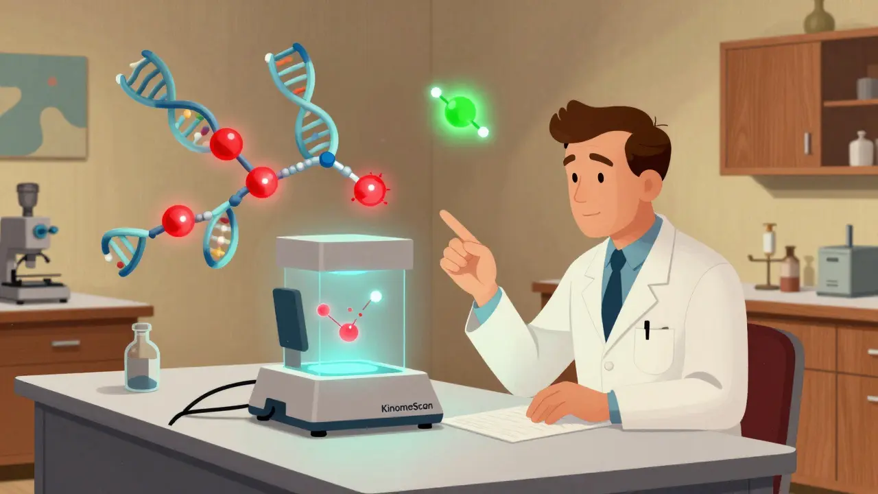 A scientist using a glowing device to scan drug interactions with multiple protein targets in a retro lab.