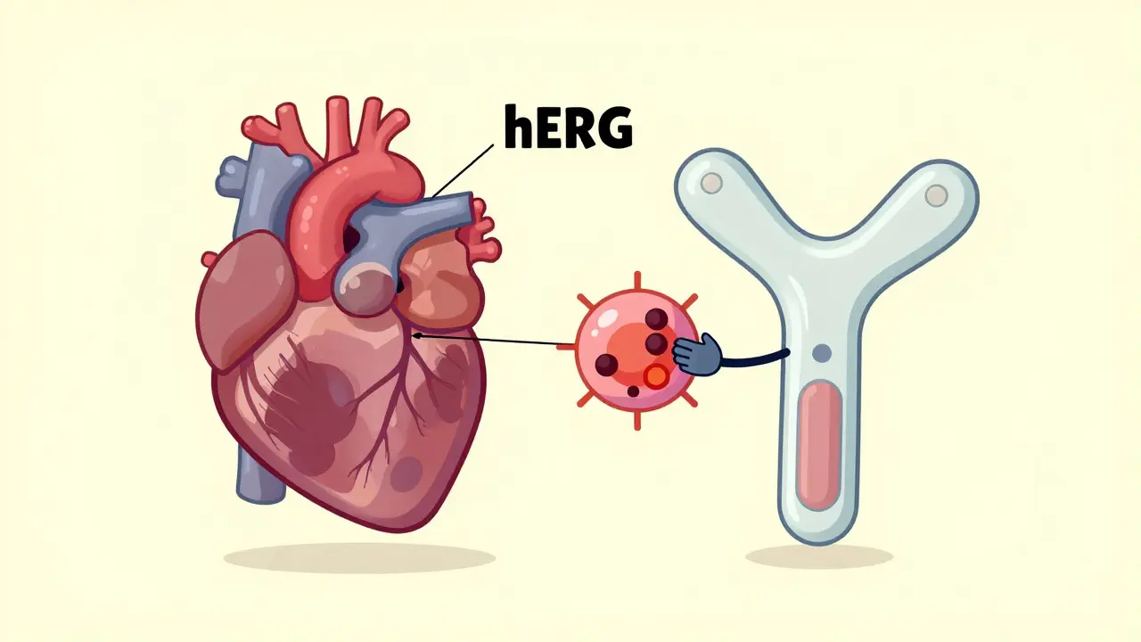 A small molecule accidentally binding to a heart ion channel versus a precise antibody targeting only its intended protein.